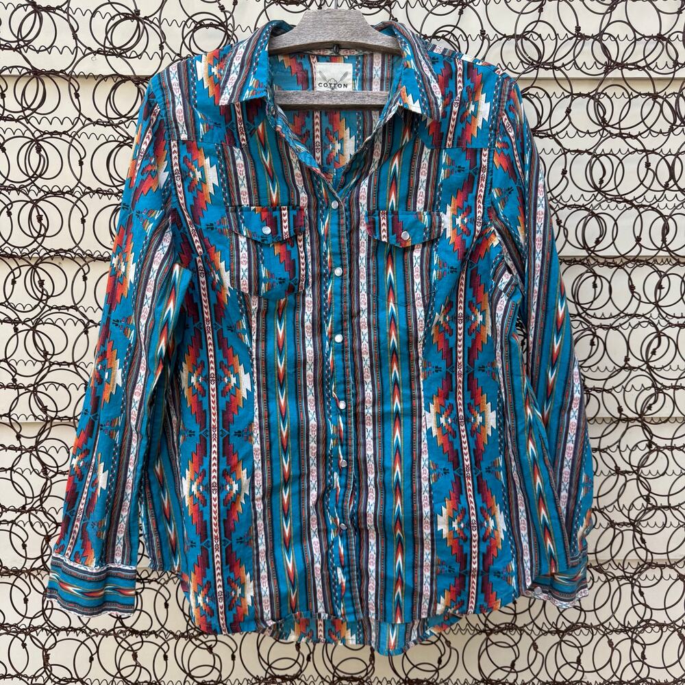Cotton Rye Outfitters Teal Aztec Southwestern Pearl Snap Shirt Lightweight LARGE